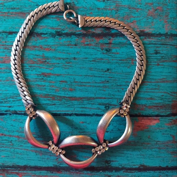 Vintage Chunky Chain Matte Metal Rhinestone Choker Style Statement Necklace - Picture 1 of 6